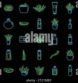Set di icone con logo di piante di aloe vera. Illustrazione del logo delle piante aloe vera 25 icone vettoriali colore neon nero Illustrazione Vettoriale