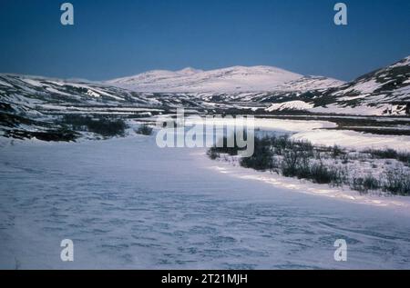 Il fiume Kisaralik in inverno presenta un paesaggio sereno e ghiacciato, all'interno della riserva naturale nazionale del Delta dello Yukon. Questo ambiente supporta una varietà di animali selvatici durante i mesi freddi. Foto Stock