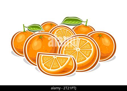 Logo vettoriale per arance, poster orizzontale decorativo con disegno cartoni animati composizione STILL Life arancione fruttato, stampa frutta con jui intere e tritate Illustrazione Vettoriale