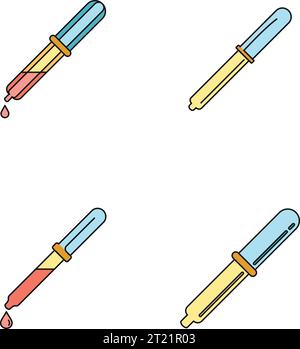 Set di icone strumento contagocce per pipette medicali. Illustrazione di 4 icone vettoriali dello strumento contagocce medicale per pipette, linea sottile, colore piatto su bianco Illustrazione Vettoriale