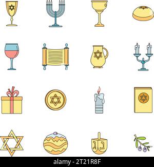 Set di icone festività ebraiche Chanukah. Illustrazione di 16 icone di chanukah ebraiche del vettore festivo, linea sottile, colore piatto su bianco Illustrazione Vettoriale