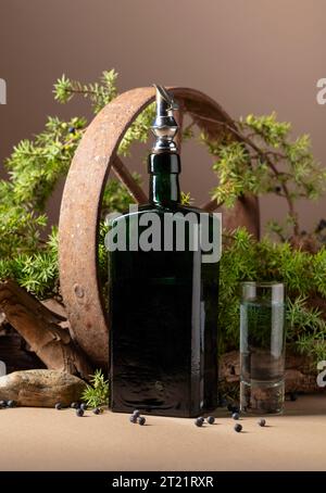 Gin in bottiglia d'epoca con ruota di ferro arrugginita, vecchi strappi e rami di ginepro con frutti di bosco. Foto Stock