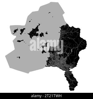 Mappa di Matsuyama. Mappa nera dettagliata dell'area amministrativa della città di Matsuyama. Vista sull'aria metropolitana con poster del paesaggio urbano. Terra nera con strade bianche e aven Illustrazione Vettoriale