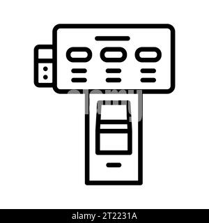 Il check-in in hotel è una linea nera. Macchina self-service. Pittogramma per pagina web, app mobile, promo. Illustrazione Vettoriale