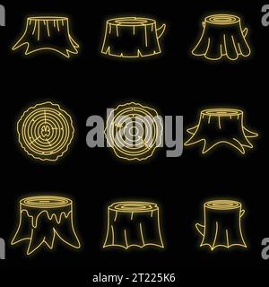 Set di icone in legno di tronchi. Illustrazione del profilo di 16 ceppi di legno di tronchi di legno icone vettoriali colore neon su nero Illustrazione Vettoriale