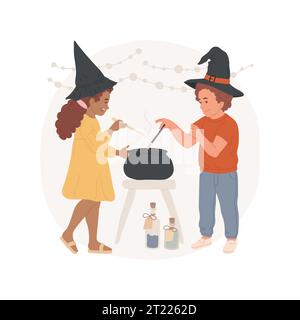 Kiddie Wwitchcraft, illustrazione vettoriale dei cartoni animati isolata. Bambini con cappelli da strega che fanno pozioni, tengono in mano bacchette magiche, stile di vita e hobby, cartoni animati vettoriali per attività pratiche. Illustrazione Vettoriale