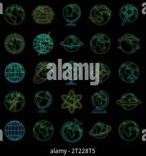 Set di icone Terra globo. Illustrazione del contorno di 25 icone vettoriali Globe Earth colore neon nero Illustrazione Vettoriale