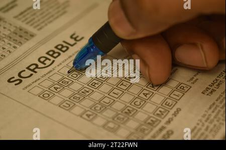 Un primo piano del gioco Scrabble con un pennino. E' un gioco di parole. Foto Stock