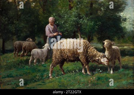 Shepherdess with Sheep dell'artista francese, Charles-Émile Jacque (1813-1894), olio su pannello di legno, c. 1876 Foto Stock