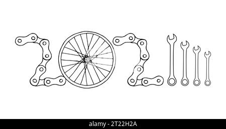 Bicicletta Capodanno 2024 sfondo bianco Illustrazione Vettoriale