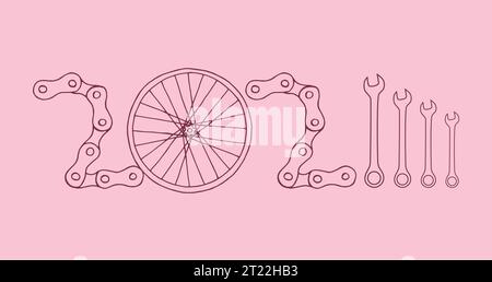 Bicicletta Capodanno 2024 sfondo rosa Illustrazione Vettoriale