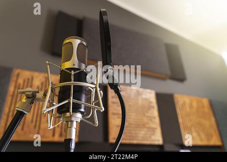 Primo piano di un microfono a condensatore in uno studio di registrazione, con una bassa profondità di campo. Sullo sfondo sfocato, i pannelli fonoassorbenti possono essere di Foto Stock