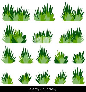 Adagiate cespugli di erba verde, lussureggianti mazzi di piante verdi da giardino. Illustrazione di cartoni animati vettoriali piatta isolata su bianco Illustrazione Vettoriale
