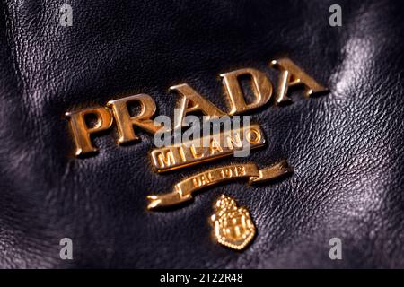 DAS Logo der italienischen Mode- und Lederwarenmarke Prada auf einer Prada-Ledertasche. Prada konnte vor kurzem einen prestigeträchtigen Deal einfädeln: Astronauten einer bevorstehenden NASA-Mission werden in Prada-Raumanzügen zum Mond aufbrechen. Themenbild, Symbolbild Köln, 16.10.2023 NRW Deutschland *** il logo del marchio italiano di moda e pelletteria Prada su una borsa in pelle Prada Prada Prada è stata recentemente in grado di aggiudicarsi un prestigioso affare astronauti in una prossima missione della NASA partirà per la luna indossando tute spaziali Prada immagine a tema, immagine simbolo Colonia, 16 10 2023 NRW Germany Copyri Foto Stock