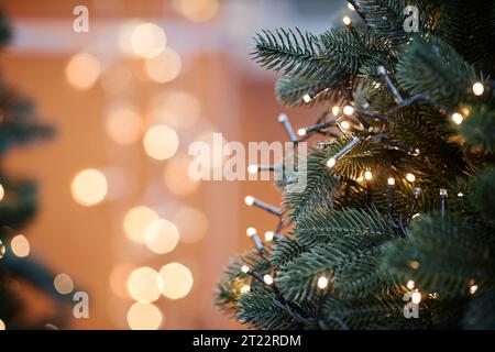 Immagine di sfondo ravvicinata dell'albero di Natale decorato con luci all'aperto con rami di abete che incorniciano lo scatto e lo spazio per la copia Foto Stock