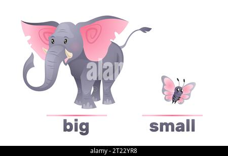 Antonimi e opposti, grandi e piccoli. Elefante e farfalla. Vocabolario in lingua inglese, biglietto educativo per bambini. Scheda con immagine e testo Illustrazione Vettoriale