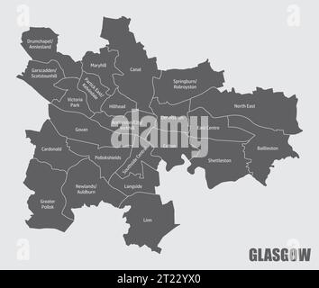 Mappa amministrativa della città di Glasgow isolata su sfondo grigio, Scozia Illustrazione Vettoriale