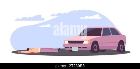 Il tizio ferito in un incidente stradale e' incosciente in una pozza di sangue sulla strada. Uomo colpito da un'auto. Incidente d'auto. collisione trasporto con carattere. Cartone animato Illustrazione Vettoriale