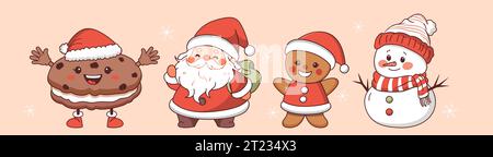 Simpatici personaggi natalizi. Babbo Natale, pupazzo di neve, uomo del pan di zenzero e set di biscotti. Illustrazione vettoriale. Illustrazione Vettoriale
