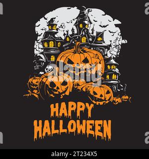 Halloween Pumpkin horror Forest con una luna piena di pipistrelli Smook Night illustrazione del poster naturalistico Illustrazione Vettoriale