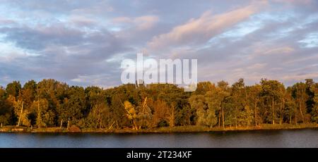 Splendido cielo dinamico sulla foresta che circonda il lago durante una serata autunnale Foto Stock