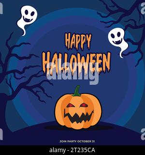 Festa horror con zucche di Halloween, tema notturno nella foresta spaventoso poster Spooky, illustrazione della notte di luna di Halloween, post design dello sfondo Illustrazione Vettoriale