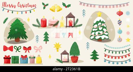 Set con diversi alberi di Natale, regali, candele ed elementi decorativi, illustrazioni vettoriali Illustrazione Vettoriale