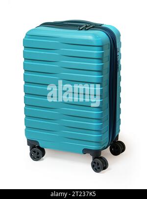 Blu valigia in plastica isolato su bianco Foto Stock