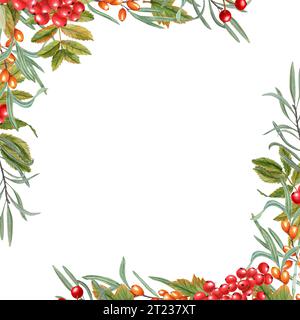 Cornice quadrata con foglie colorate autunnali, mazzo di spinaci marini, bacche di viburnum, bacche di rowan. Illustrazione ad acquerello di impronte di foglie. Foto Stock