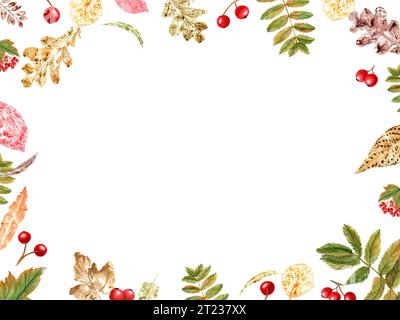 Cornice orizzontale con colorate impronte di foglie autunnali, bacche rosse. Bacche di Viburnum, bacche di rowan. Illustrazione ad acquerello di foglie asciutte Foto Stock