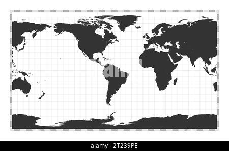 Mappa vettoriale del mondo. Proiezione cilindrica di ripetizione. Mappa geografica del mondo pianeggiante con linee di latitudine e longitudine. Centrato a 60 gradi di longitudine E. VEC Illustrazione Vettoriale