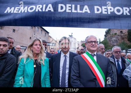 Roma, Italia. 16 ottobre 2023. Victor Fadlun, presidente della Comunità ebraica di Roma, Andrea Riccardi, fondatore della Comunità di Sant'Egidio e il Sindaco di Roma Roberto Gualtieri (foto di Matteo Nardone/Pacific Press/Sipa USA) credito: SIPA USA/Alamy Live News Foto Stock