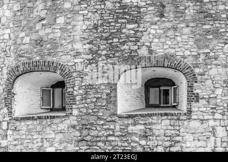 Elementi di decorazioni architettoniche di edifici con finestre Foto Stock