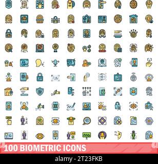 100 icone biometriche impostate. Set di linee di colore delle icone biometriche dei vettori di colore linea sottile piatta su bianco Illustrazione Vettoriale