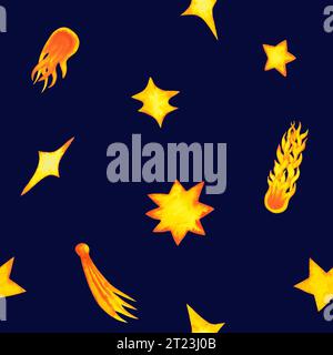 Stelle e cometa senza cuciture. Illustrazione ad acquerello disegnata a mano isolata su nero. Sfondo per sito Web, banner, scheda. Carta da imballaggio, compleanno Foto Stock