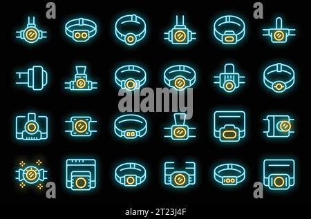 Le icone dei fari impostano il vettore di contorno. Luce lampeggiante. Colore neon pulsante Energy su nero Illustrazione Vettoriale