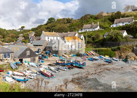 Cadgwith Cove sulla costa della cornovaglia, barche da pesca trasportate fino alla spiaggia di ciottoli, Inghilterra, Regno Unito, settembre 2023 Foto Stock