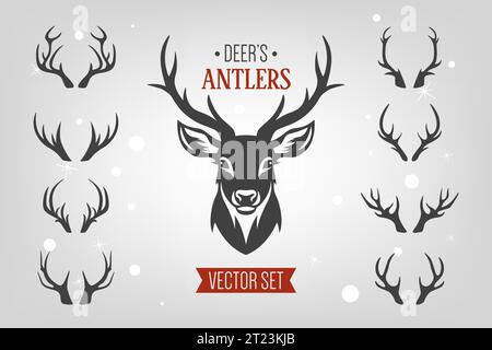 Vector Christmas Reindeer Horns, Antlers. Sagome Corno di cervo. Corno di cervi disegnato a mano, set Antler. Animal Antler Collection. Elementi di progettazione di Deer. Illustrazione Vettoriale