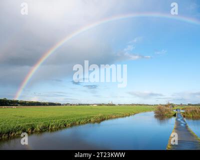 canale tra prati olandesi in olanda vicino a utrecht con arcobaleno nel cielo blu Foto Stock