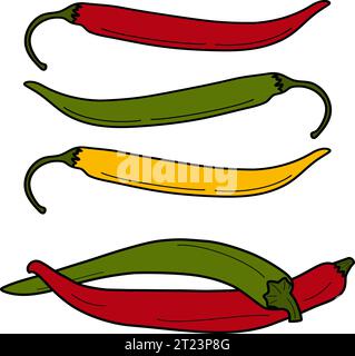 Set di peperoncini colorati in colori vivaci e alla moda. Condimento e spezie tradizionali dell'America Latina. Isolare. EPS. Vettore per poster, banner, affissioni, messaggi di saluto o inviti, prezzo, etichetta o web Illustrazione Vettoriale