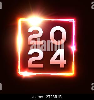 Felice anno nuovo 2024 cartello rosso al neon quadrato. Illustrazione Vettoriale