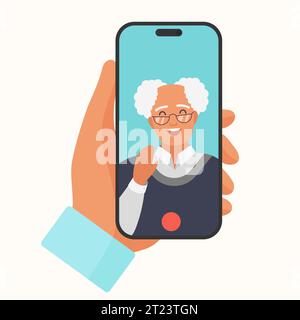 Videochiamata con illustrazione vettoriale senior man. Cartoni animati con la mano isolata che tiene il telefono per parlare con persone anziane sullo schermo, conferenza virtuale su smartphone e discussione con nonno o vecchio amico Illustrazione Vettoriale