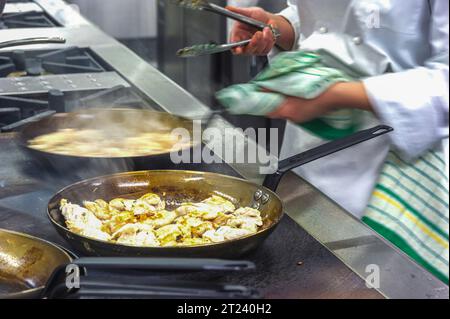 Chef sfocati cucinano il cibo in padelle in un ristorante commerciale o nella cucina di un hotel Foto Stock