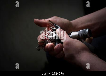 Primo piano della mano di tosatura delle pecore, nuova Zelanda Foto Stock