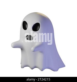 fantasma bianco fluttuante con occhi neri. Isolato su sfondo bianco. Illustrazione 3D. Alta risoluzione Foto Stock