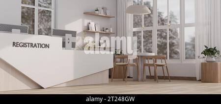 Design interno di una splendida area ricevimento minimalista con banco registrazione, tavolo d'attesa vicino alla finestra, pavimento in parquet minimalista, e. Foto Stock