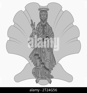 Disegno vettoriale di San Giacomo Apostolo con una bibbia, con il simbolo di una conchiglia di mare, arte cristiana del Medioevo Illustrazione Vettoriale