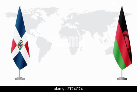 Repubblica Dominicana e Malawi bandiere per un incontro ufficiale sullo sfondo della mappa mondiale. Illustrazione Vettoriale