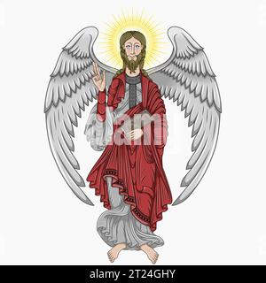 Vettoriale angelo cattolico che tiene una bibbia, arte cristiana del Medioevo Illustrazione Vettoriale