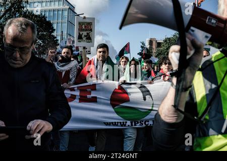 Dublino, Irlanda. 14 ottobre 2023. I manifestanti marciano attraverso Dublino verso l'ambasciata israeliana durante la manifestazione. Sabato 14 ottobre si è svolta una terza giornata di proteste a Dublino in solidarietà con il popolo palestinese. Migliaia di persone hanno marciato da o'Connell Street attraverso la città fino all'ambasciata israeliana, dove i relatori della comunità palestinese e siriana hanno parlato delle loro esperienze e delle notizie recenti ricevute dai familiari e dagli amici di Gaza, nonché dai membri dei gruppi I.P.S.C. (campagna di solidarietà in Irlanda e Palestina) e le persone prima del profitto che hanno esortato l'UE a farlo Foto Stock